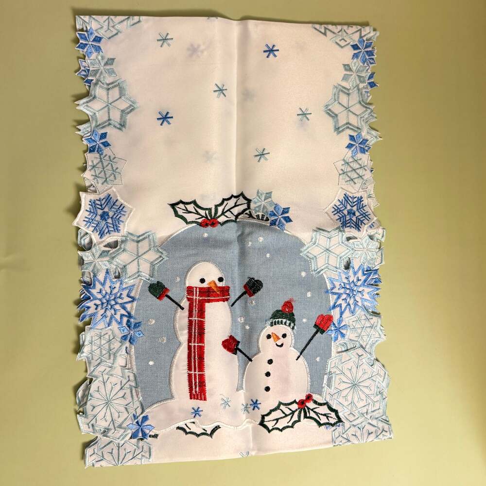 Embroidered Linen Snowman with Blue Snowflakes Christmas Table Runner